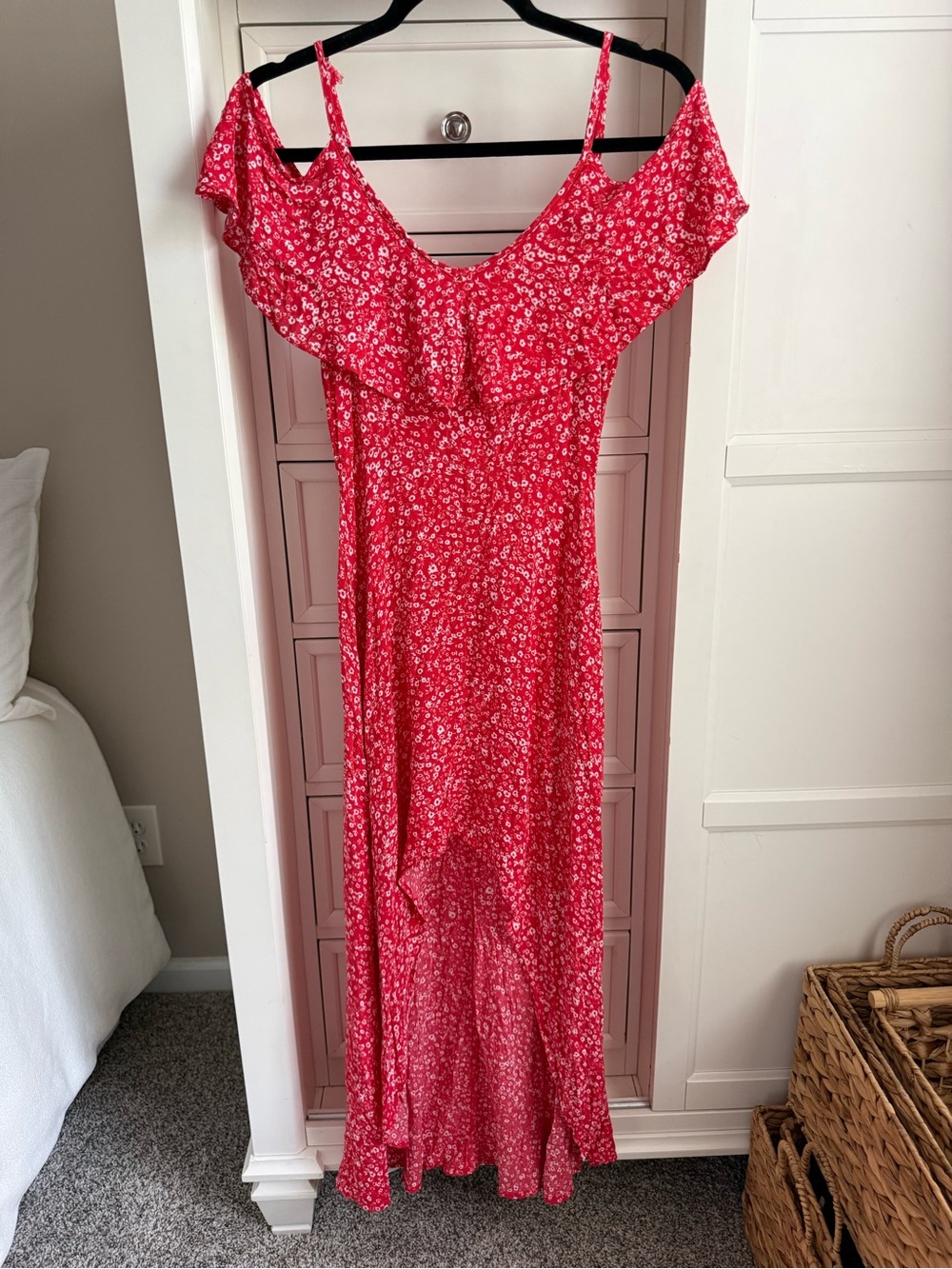 Rewind Bright Red Floral Off-Shoulder High-Low Dress